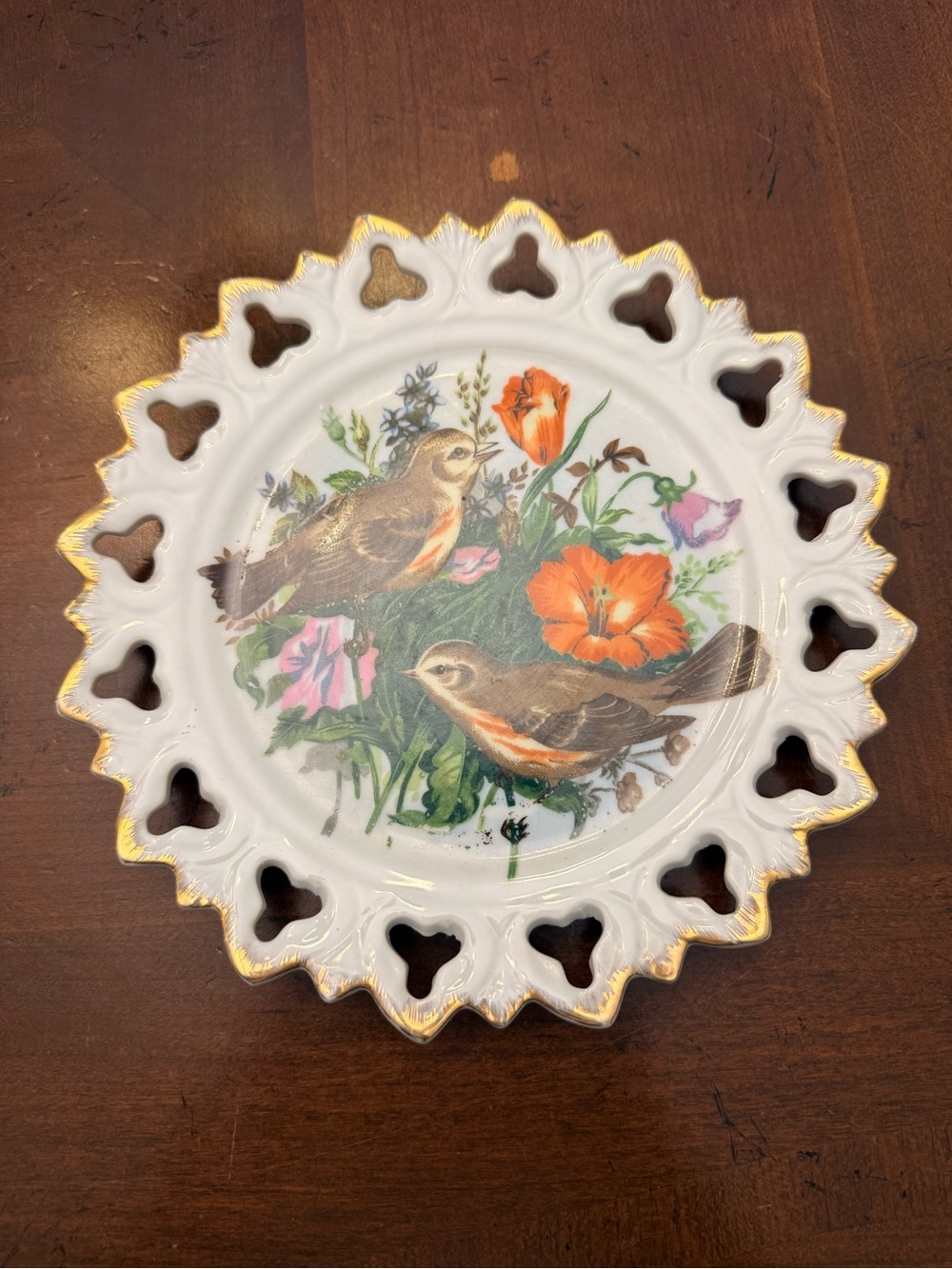Vintage Japan Bird & Floral Plate with Pierced Lacework Rim